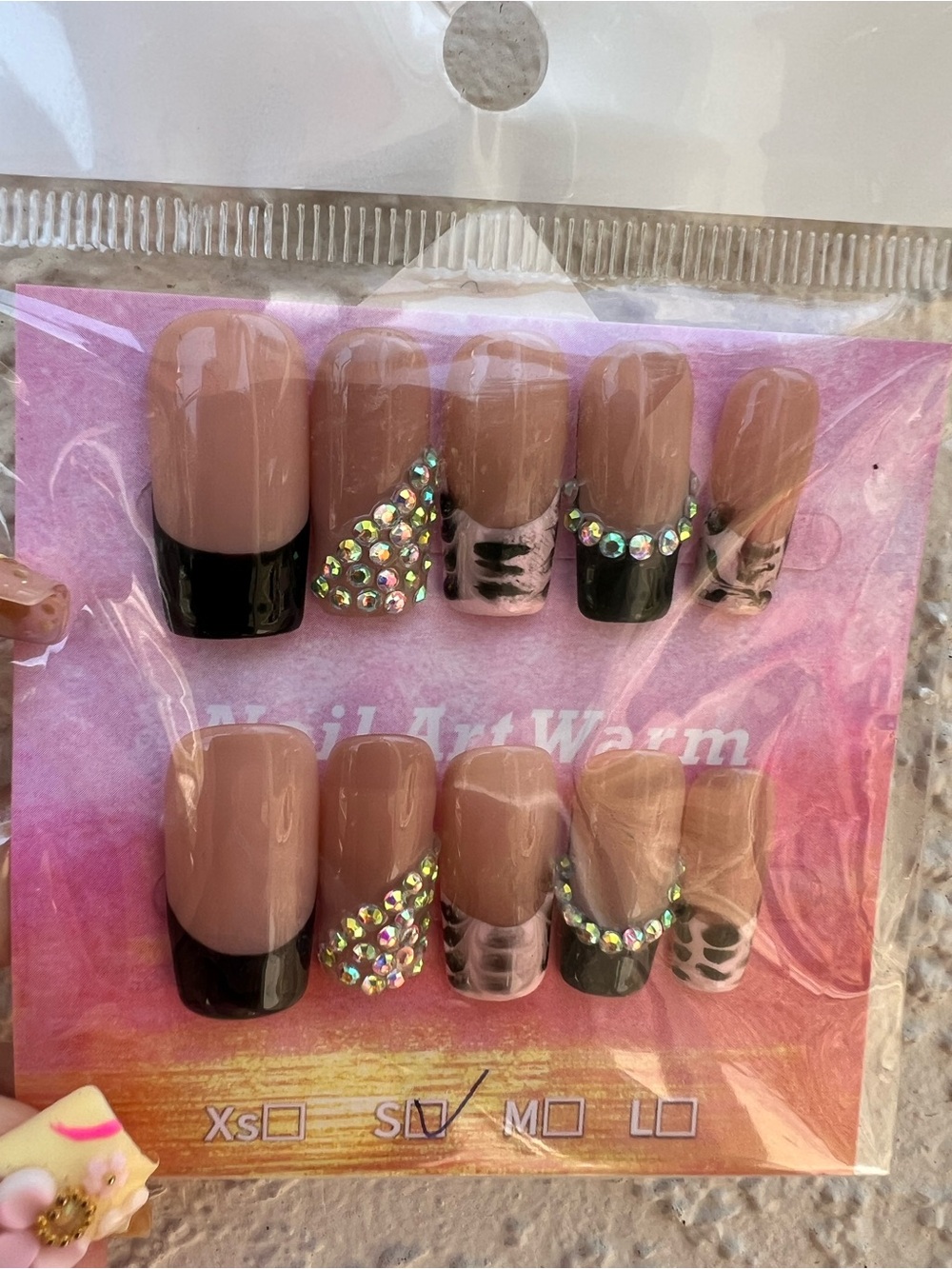 Press on Nails Pink Black Rhinestone Bling Size Small Set of 10